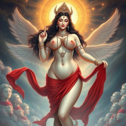 An enchanting celestial scene showcasing a divine figure, representing a beautiful devi with an alluring and captivating presence