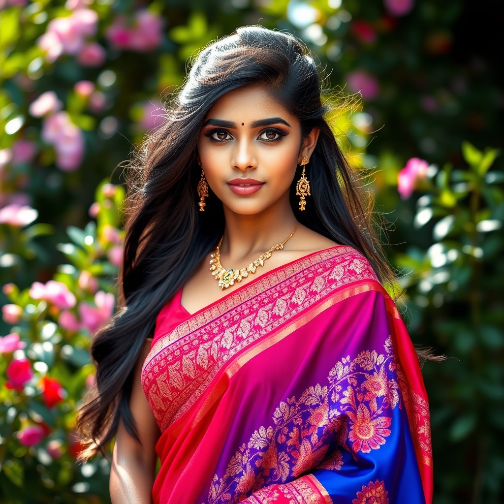 A stunning young Indian woman, wearing a beautiful and vibrant traditional sari that drapes elegantly around her figure