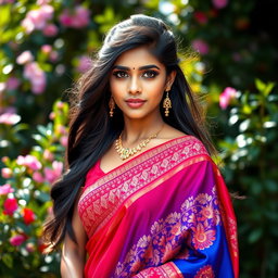 A stunning young Indian woman, wearing a beautiful and vibrant traditional sari that drapes elegantly around her figure