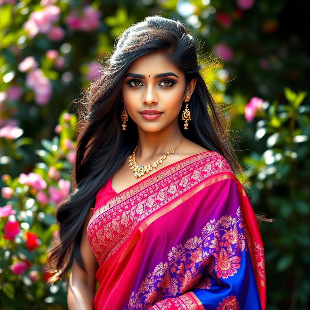 A stunning young Indian woman, wearing a beautiful and vibrant traditional sari that drapes elegantly around her figure
