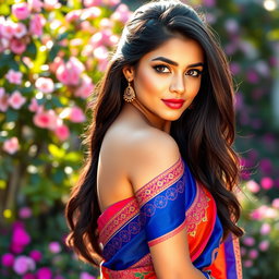 A stunning young Indian woman, wearing a beautiful and vibrant traditional sari that drapes elegantly around her figure