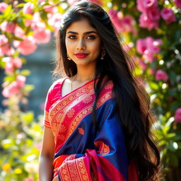 A stunning young Indian woman, wearing a beautiful and vibrant traditional sari that drapes elegantly around her figure