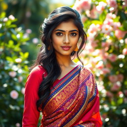 A stunning young Indian woman, wearing a beautiful and vibrant traditional sari that drapes elegantly around her figure
