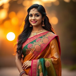 A beautiful Indian woman wearing a traditional saree, showcasing intricate embroidery and vibrant colors, standing confidently with a graceful pose