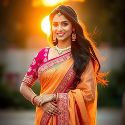 A beautiful Indian woman wearing a traditional saree, showcasing intricate embroidery and vibrant colors, standing confidently with a graceful pose