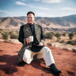 Elon Musk dressed in traditional Pakistani attire, which includes a Shalwar Kameez, holding a cup of chai with a backdrop of a scenic Pakistani landscape.