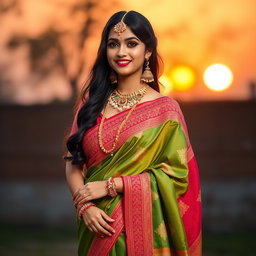 A beautiful Indian woman wearing a traditional saree, showcasing intricate embroidery and vibrant colors, standing confidently with a graceful pose