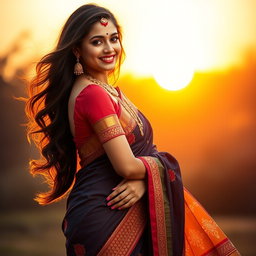 A beautiful Indian woman wearing a traditional saree, showcasing intricate embroidery and vibrant colors, standing confidently with a graceful pose