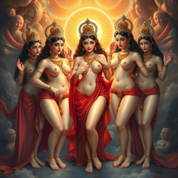 An enchanting scene in a heavenly realm, showcasing three divine goddesses with stunning, radiant beauty