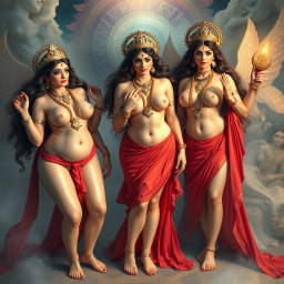 An enchanting scene in a heavenly realm, showcasing three divine goddesses with stunning, radiant beauty