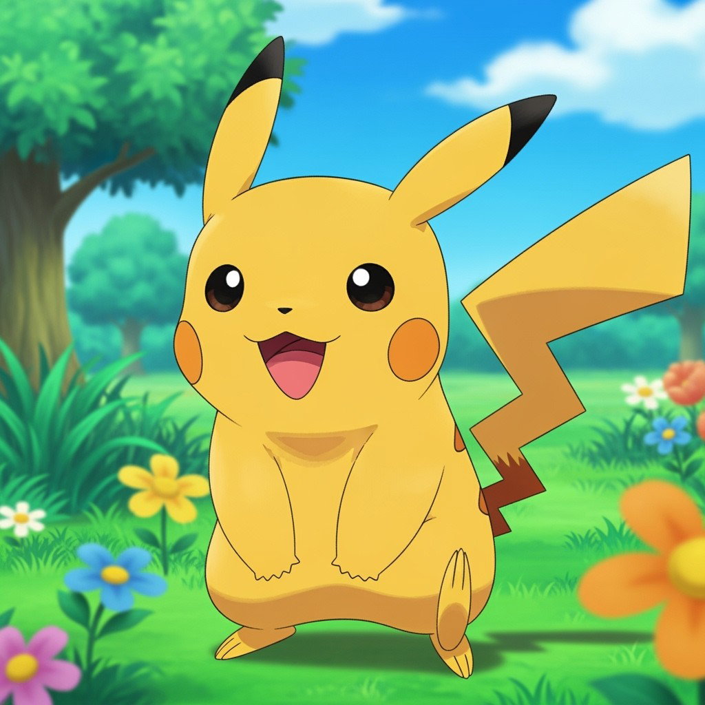 A male Pikachu character, featuring the iconic yellow fur and large, expressive eyes