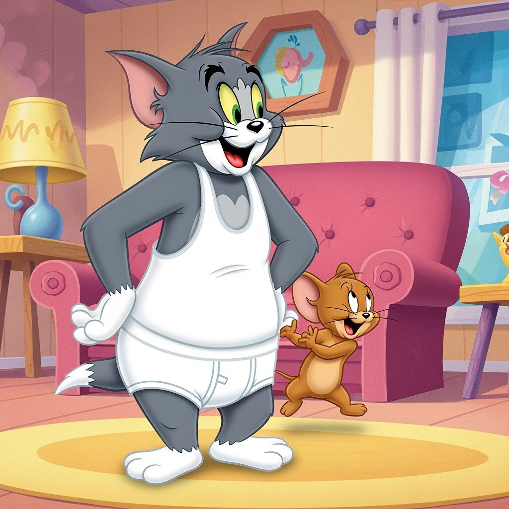 Tom and Jerry in a whimsically funny scene, where Tom, the gray cat, is wearing a snug white tank top and white underwear, adding a humorous twist to his classic character