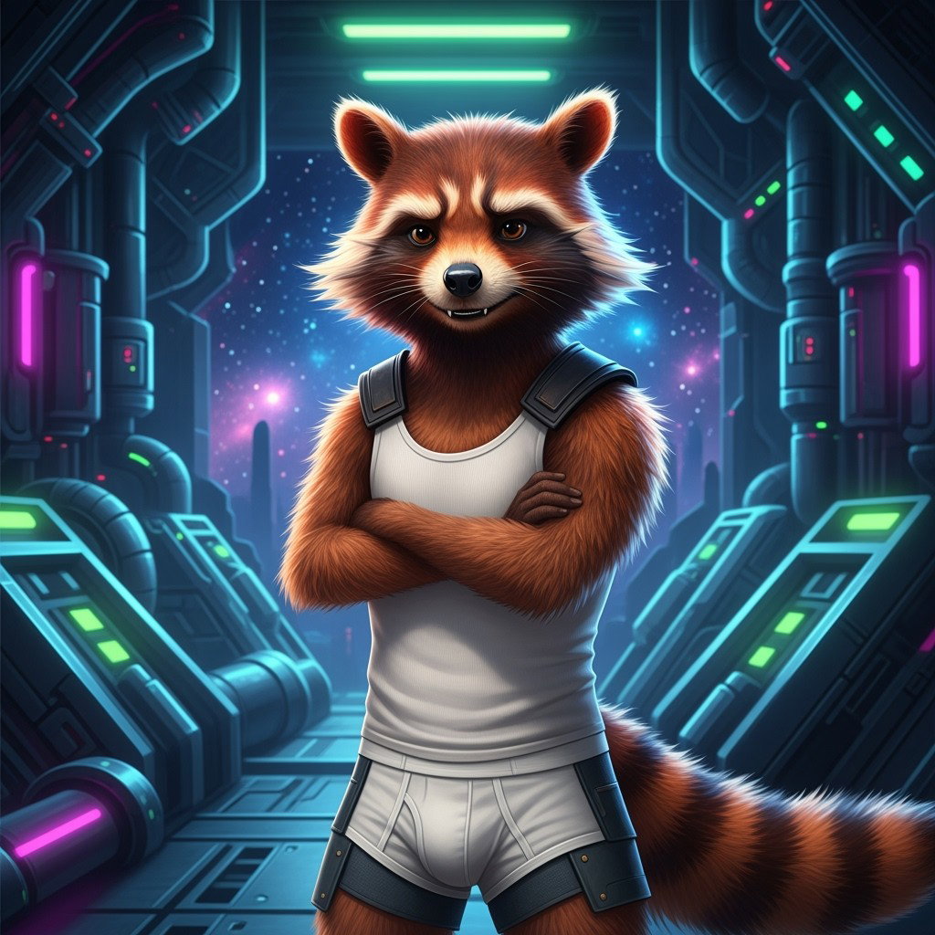 A furry Rocket Raccoon character, known for his mischievous expression, dressed in a snug white tank top and matching white underwear