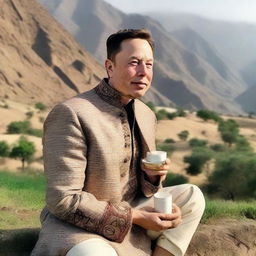 Elon Musk dressed in traditional Pakistani attire, which includes a Shalwar Kameez, holding a cup of chai with a backdrop of a scenic Pakistani landscape.