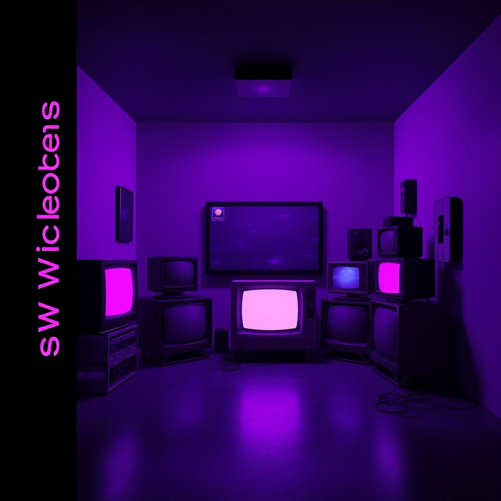 A breakcore album cover in a retrofuturistic style, showcasing a dark violet-lit room inspired by a CRT TV setup, glowing softly in purple