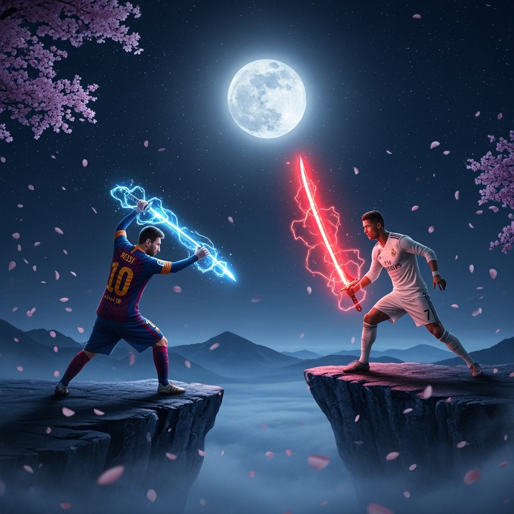 A breathtaking cinematic anime-style sword duel unfolds at night beneath a radiant full moon