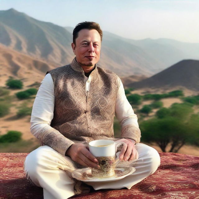 Elon Musk dressed in traditional Pakistani attire, which includes a Shalwar Kameez, holding a cup of chai with a backdrop of a scenic Pakistani landscape.