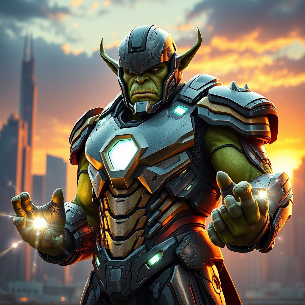 An imposing orc wearing a sleek, high-tech Ironman suit, featuring intricate armor plating and glowing elements