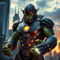 An imposing orc wearing a sleek, high-tech Ironman suit, featuring intricate armor plating and glowing elements
