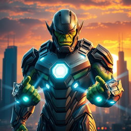 An imposing orc wearing a sleek, high-tech Ironman suit, featuring intricate armor plating and glowing elements