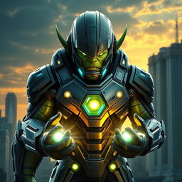 An imposing orc wearing a sleek, high-tech Ironman suit, featuring intricate armor plating and glowing elements