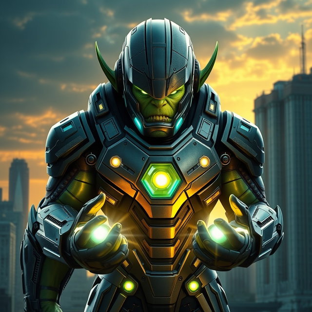 An imposing orc wearing a sleek, high-tech Ironman suit, featuring intricate armor plating and glowing elements