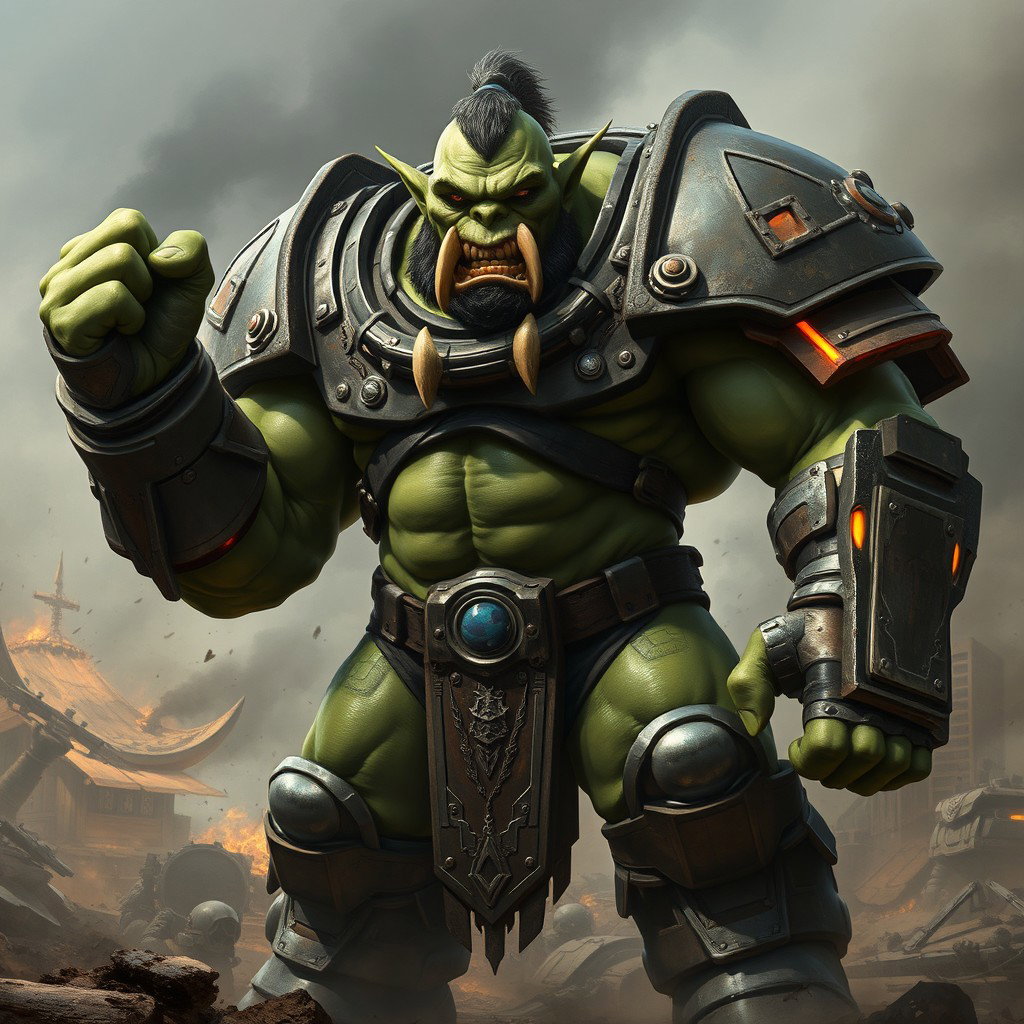 A formidable orc clad in rugged power armor, resembling a blend of sci-fi and fantasy elements