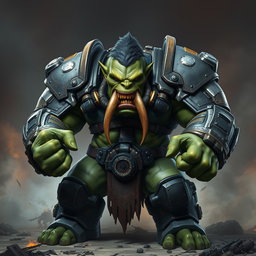 A formidable orc clad in rugged power armor, resembling a blend of sci-fi and fantasy elements