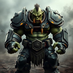 A formidable orc clad in rugged power armor, resembling a blend of sci-fi and fantasy elements