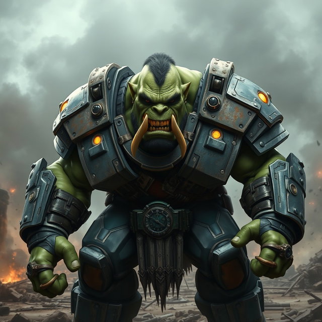 A formidable orc clad in rugged power armor, resembling a blend of sci-fi and fantasy elements