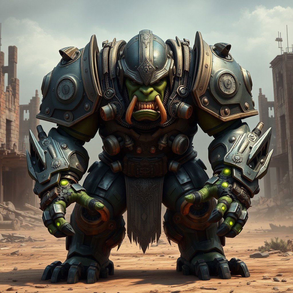 A powerful orc fully encased in an intricate power armor suit, designed for battle with a mix of steampunk and futuristic elements