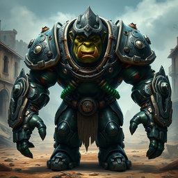 A powerful orc fully encased in an intricate power armor suit, designed for battle with a mix of steampunk and futuristic elements