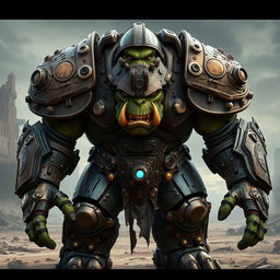 A powerful orc fully encased in an intricate power armor suit, designed for battle with a mix of steampunk and futuristic elements