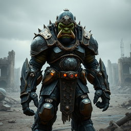 A powerful orc fully encased in an intricate power armor suit, designed for battle with a mix of steampunk and futuristic elements