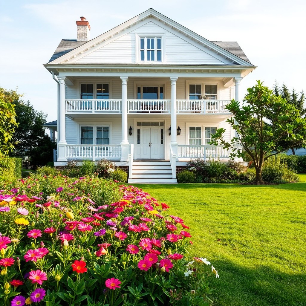 A beautiful white house with a charming veranda and large windows, located near the sea