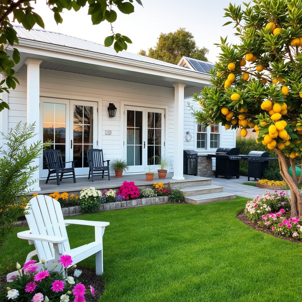 A medium-sized white house with a cozy veranda featuring four chairs, large windows, and situated near the sea