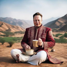 Elon Musk dressed in traditional Pakistani attire, which includes a Shalwar Kameez, holding a cup of chai with a backdrop of a scenic Pakistani landscape.