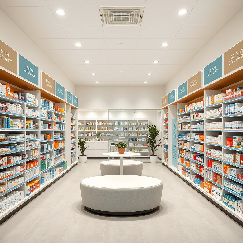A modern pharmacy interior featuring 95 square signboards