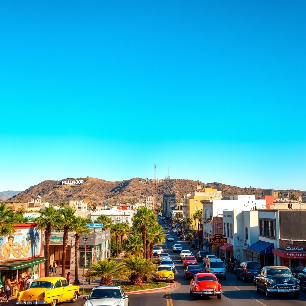 A vibrant cityscape of Los Angeles, featuring iconic landmarks such as the Hollywood sign, palm trees lining the streets, and bustling downtown buildings under a bright blue sky