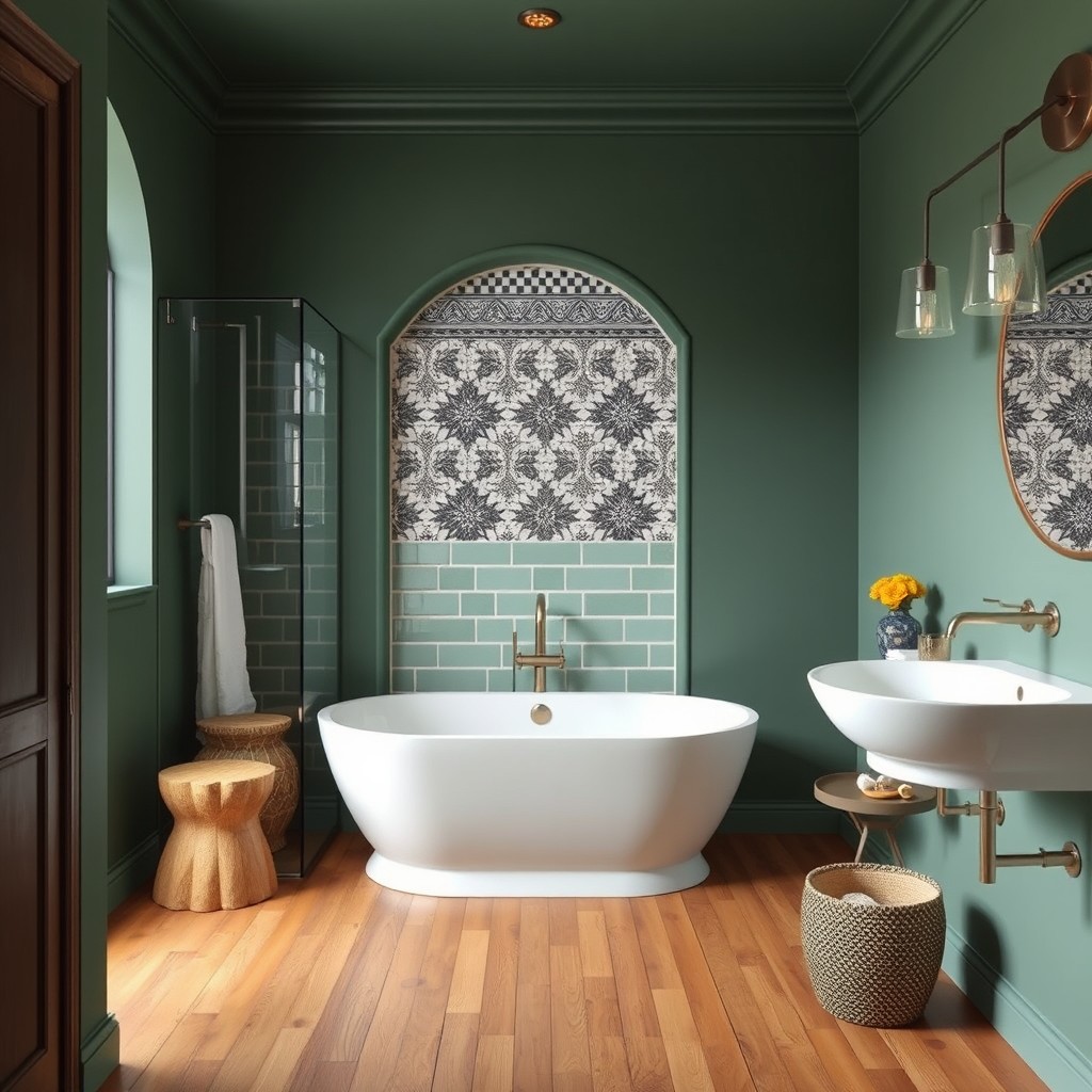 A beautifully designed bathroom featuring a striking black and white Moroccan tile accent, complemented by a warm wooden floor