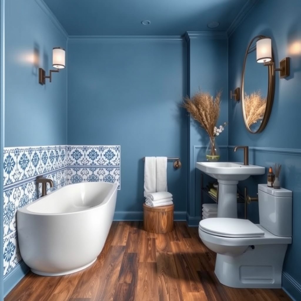 A beautifully designed bathroom featuring an eye-catching blue and white Moroccan tile accent, paired with a rich wooden floor