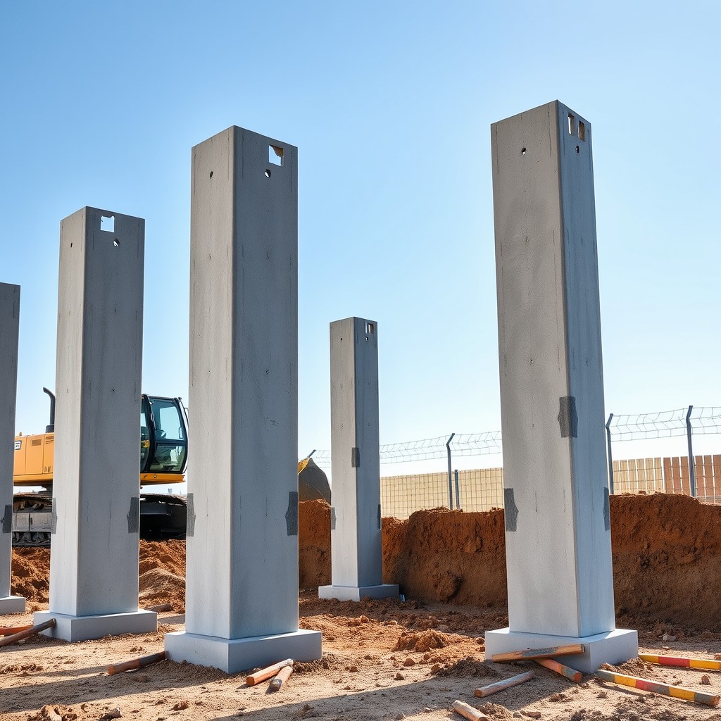 A construction site displaying concrete pillars for fencing, with a large excavator digging foundations
