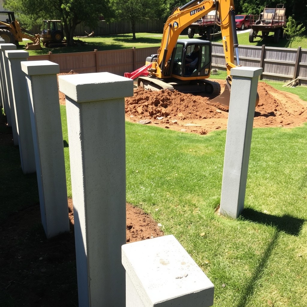A backyard landscape featuring a fence made of concrete pillars, while an excavator is actively digging the foundation for a new structure