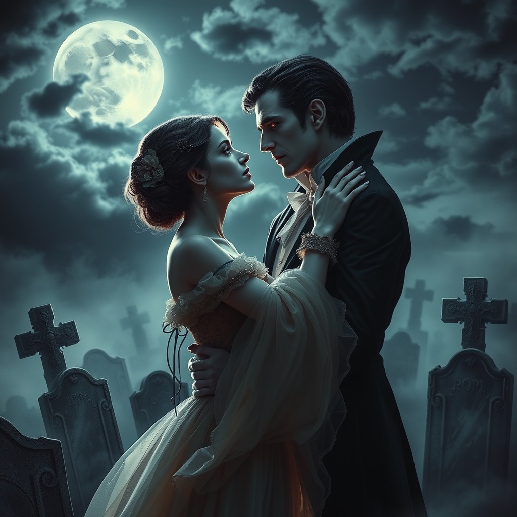A hauntingly beautiful scene depicting the intense romance between a vampire and their beloved