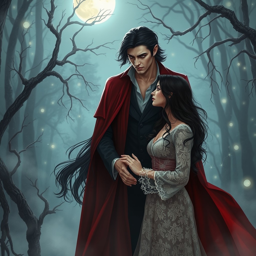 A romantic scene depicting a vampire and a human in a moonlit forest, the vampire is tall, with sharp features and black flowing hair, wearing a deep red cloak