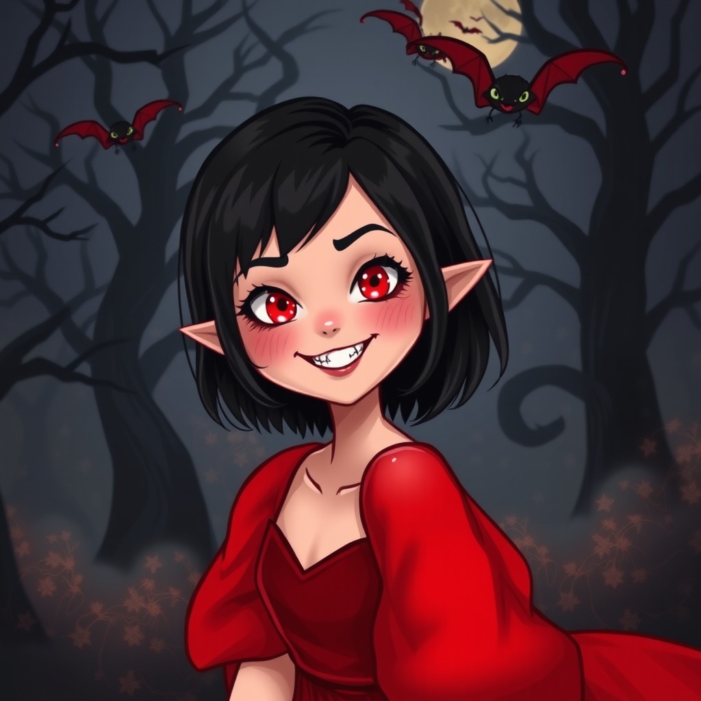A cute teenage vampire with an enchanting yet devilish smile, dressed in a vibrant red dress that flows elegantly around her