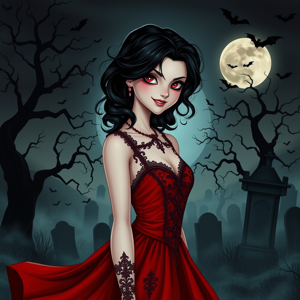 A teenage vampire exuding an air of charm and malevolence, dressed in a striking red dress with intricate details and a flowing skirt