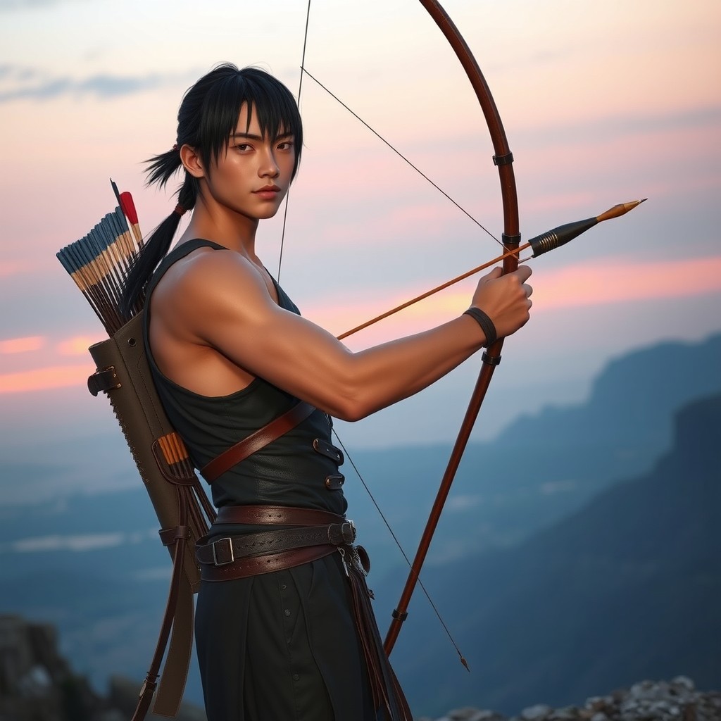 A lean and agile male archer standing on a rocky cliff at dusk