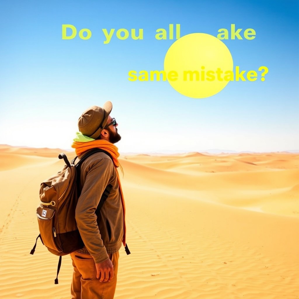 A nature traveler in the scorching desert of Ahvaz, wearing the wrong clothes, gazing in astonishment at a large, bright sun