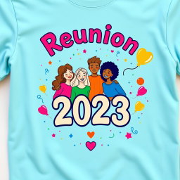 A vibrant and eye-catching reunion t-shirt design featuring a colorful graphic illustration of a group of diverse friends joyfully reuniting